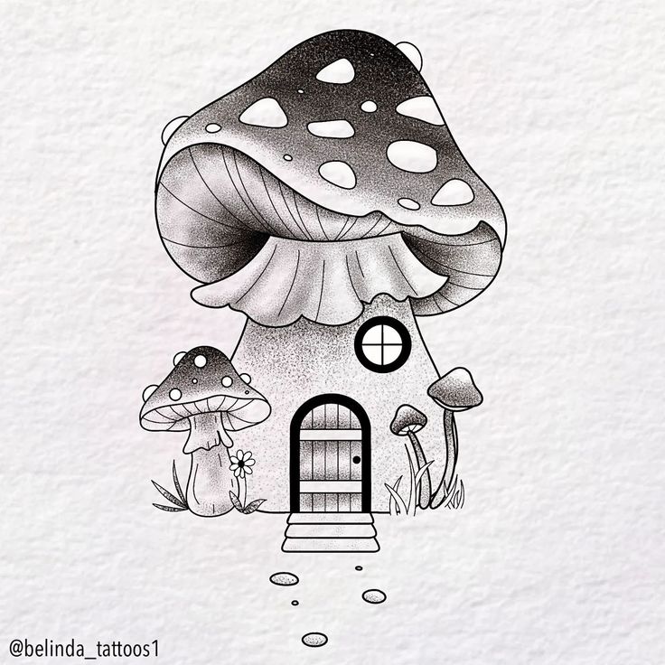 an ink drawing of a mushroom house