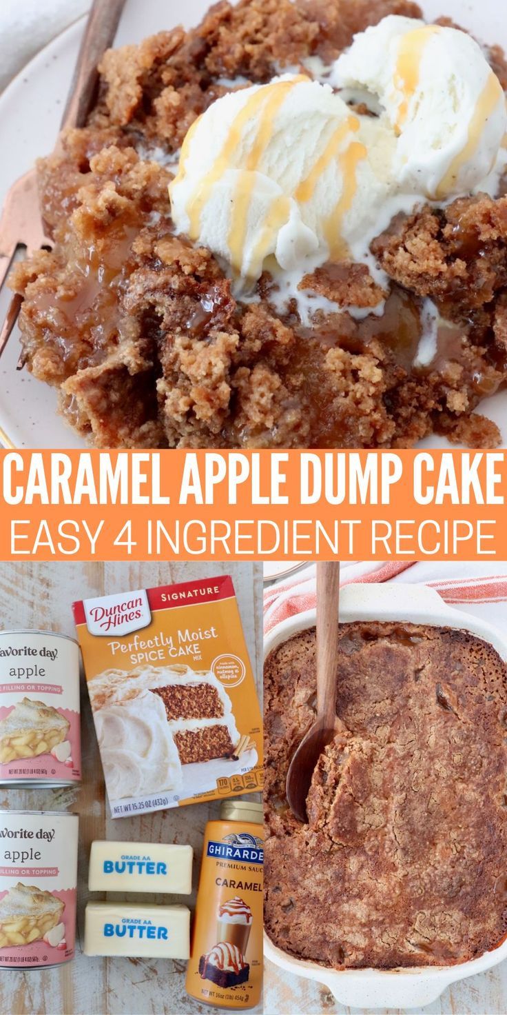 baked caramel apple dump cake in a baking dish, and on plate with ice cream, and ingredients for the dump cake on a white wood board Caramel Apple Cobbler Dump Cake, Apple Dump Cake With Pie Filling, Quick Fall Desserts, Spice Cake Mix Recipes, Harvest Treats, Harvest Menu, Caramel Apple Desserts, Apple Dump Cake Recipe, Caramel Apple Dump Cake