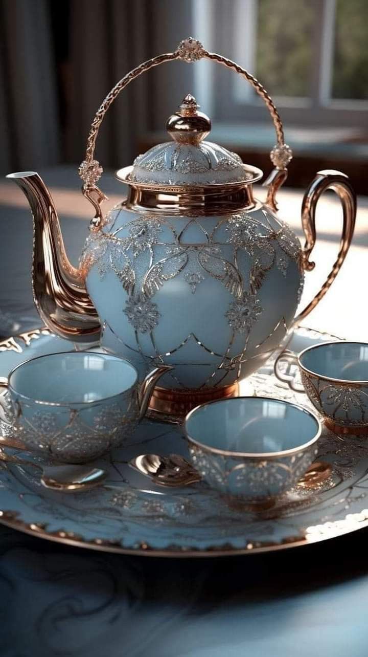 a tea set on a plate with cups and saucers in front of the tray