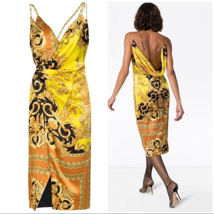 Nwt: Versace Baroque Print Dress Size: 38 Versace Goes Beyond Utilising The Actual Brand Name To Represent Their Rich Italian Heritage And Contemporary Design Vision Through Instantly-Recognisable House Codes. The Baroque Pattern Is One Of These Iconic Hallmarks, Continuing To Evolve Throughout The Seasons, As Seen Here On This Yellow Strappy Dress. Featuring Spaghetti Straps, A Wrap Style Front, A Ruched Waist And A Knee Length. Made In Italy Outer: Silk 100% Lining: Acetate 71%, Silk 29% Luxury Baroque Print Dress, Summer Party Dress With Baroque Print, Luxury Yellow Silk Dresses, Elegant Silk Dress With Baroque Print, Yellow V-neck Midi Dress For Evening, Elegant Yellow V-neck Midi Dress, Yellow Silk Gala Dress, Yellow Silk Dress For Gala, Elegant Yellow Silk Dress