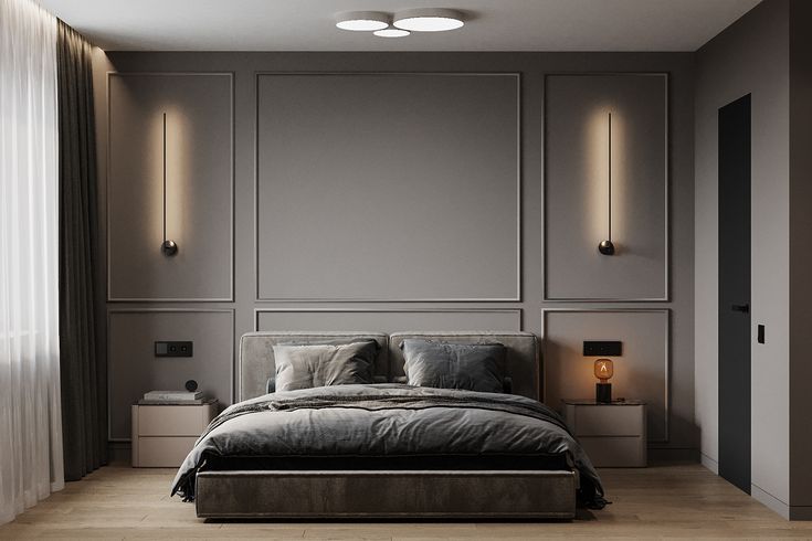 Bedroom visualization/визуализация спальни+гардеробная Wall Moulding In Bedroom, Bedroom Wall Trim, Neo Classical Bedroom, Wall Moulding Panels, Wall Molding Design, Wall Moulding, Royal City, Wainscoting Panels, Wall Panels Bedroom