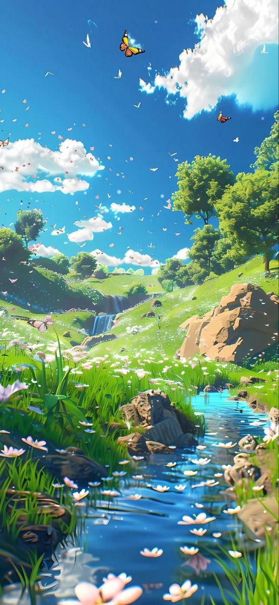 an anime scene with water and flowers in the foreground, butterflies flying over it