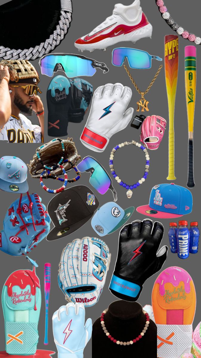 a collage of various items including baseball caps, gloves and necklaces