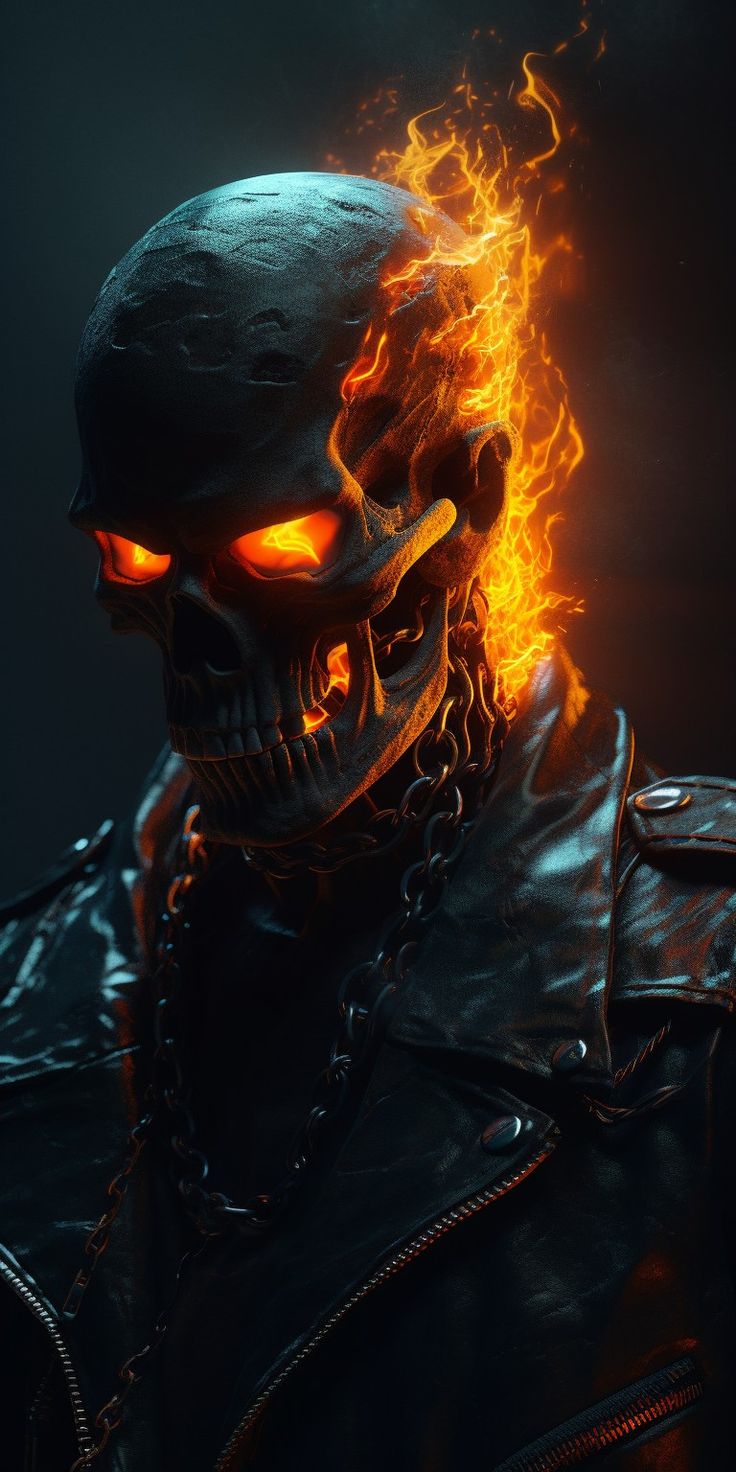 a man in leather jacket with flames on his face and skull wearing goggles, looking at the camera