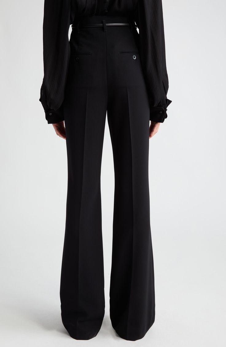 Sharp front and back creases polish these high-waist pants tailored in a kicky flare-leg silhouette from crepe. Zip fly with hook-and-bar closure Front slant pockets; back button-welt pockets 71% triacetate, 29% polyester Dry clean Imported Designer Clothing Pants Tailored, Designer Clothing Brands, Flare Leg Pants, Twill Pants, Straight Leg Trousers, Cotton Pants, Waist Pants, Linen Pants, Max Mara