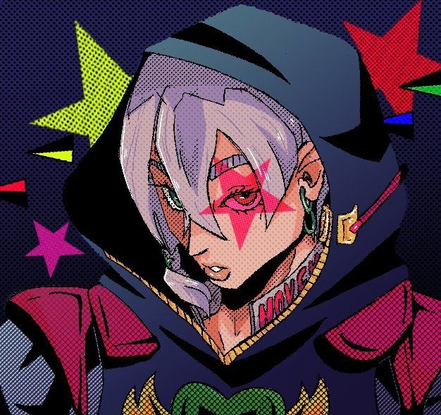 an anime character with white hair wearing a hoodie and colorful stars around his face