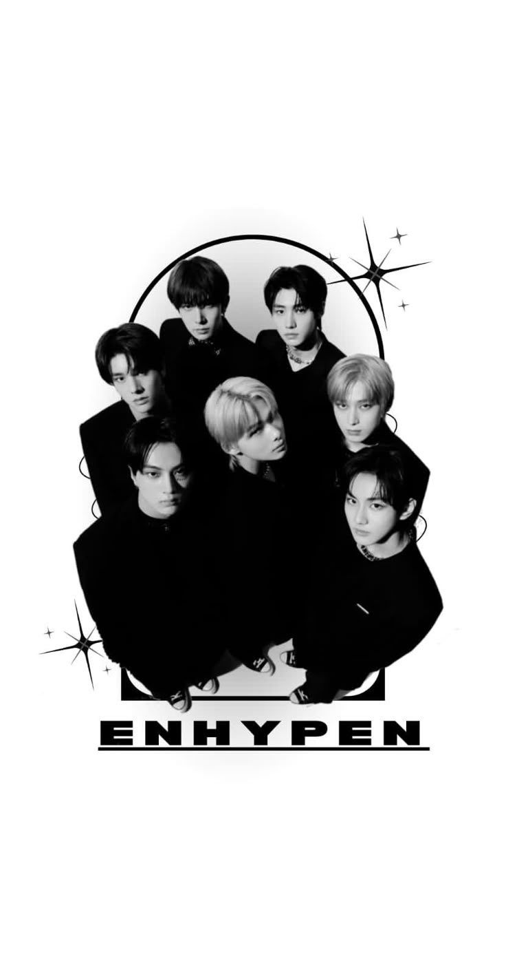 an image of the band enhypen in black and white with stars around it