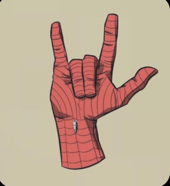 a drawing of a hand making the peace sign with its fingers and wearing a spider - man costume