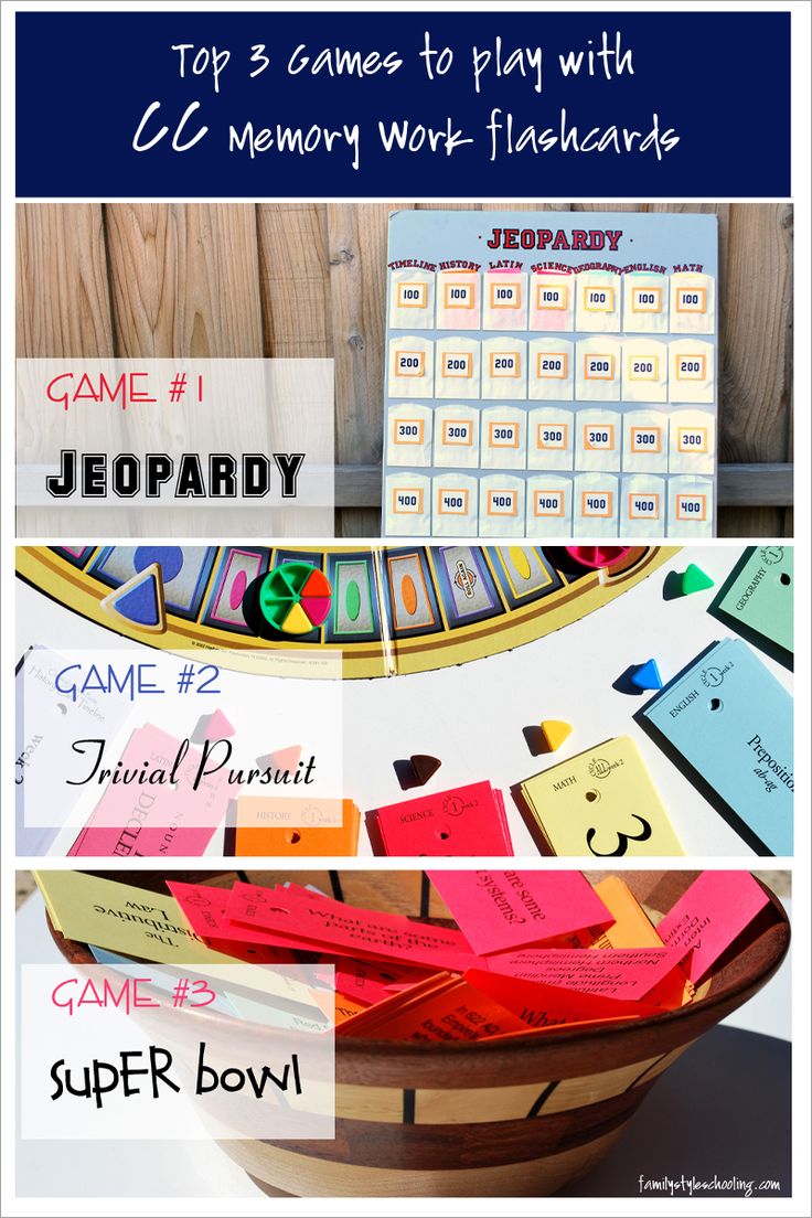 the top 3 games to play with memory work flashcards are in a basket and on display