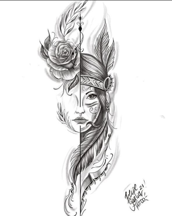 a woman's face with feathers and roses on her head is shown in this tattoo design