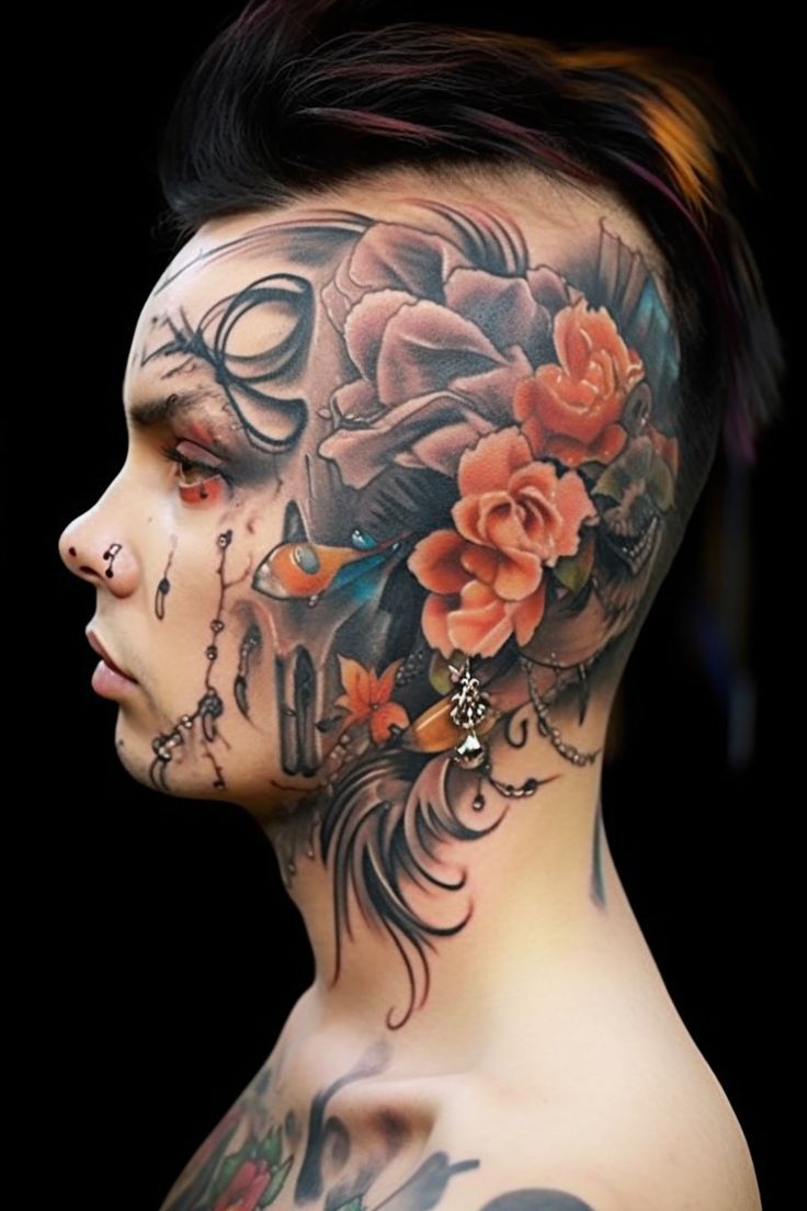 a man with tattoos on his face and neck