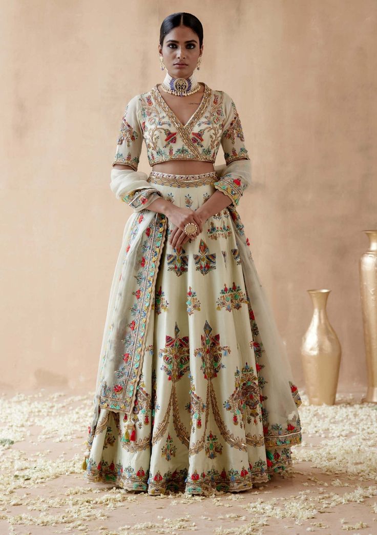 Aman Takyar | Mint Green Dupion Silk Lehenga Set | INDIASPOPUP.COM Floral Thread Embroidery, Wedding Lenghas, Dupion Silk, Silk Lehenga, Thread Embroidery, Embroidered Blouse, Lehenga, Mint Green, Embellishments