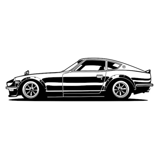 a black and white drawing of a car on a white background with the hood up