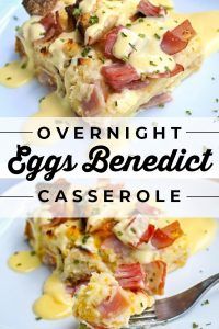 an egg and cheese casserole on a white plate with the words overnight eggs benedict casserole