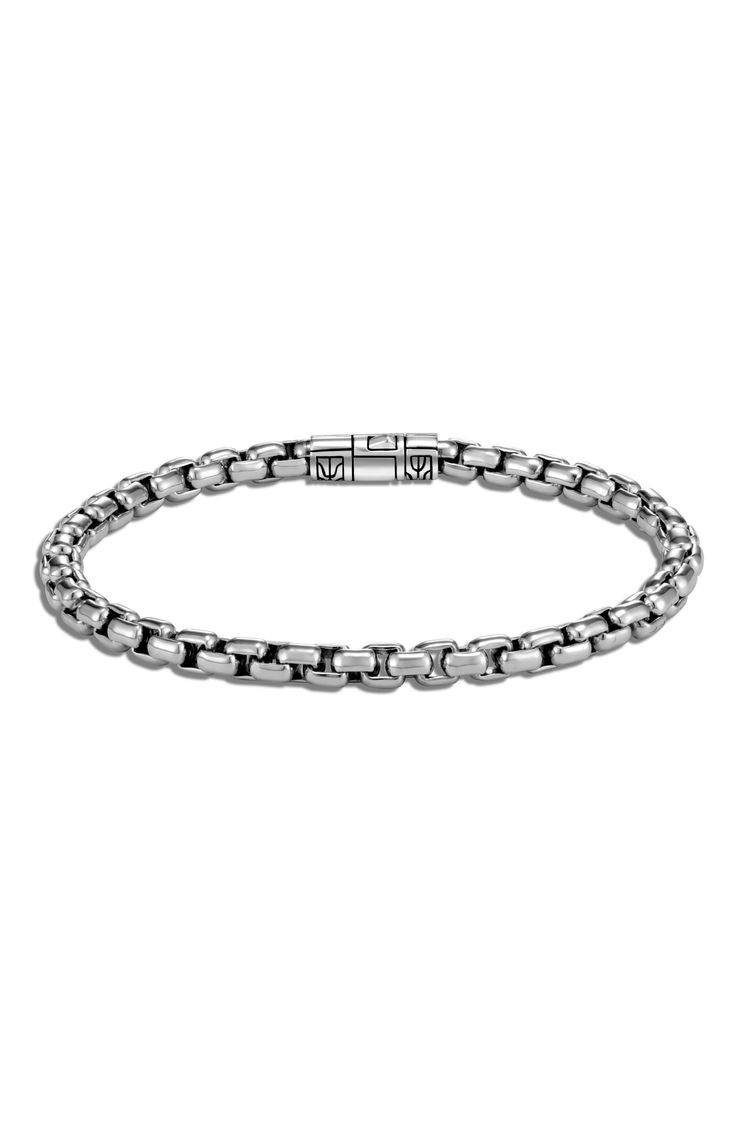 This slim box-chain bracelet in durable sterling silver makes a subtle everyday accessory. Style Name:John Hardy Men's Classic Chain Box Chain Bracelet. Style Number: 6022007. Available in stores. Formal Silver Box Chain Bracelet, Classic Silver Chain Bracelet With Polished Finish, Classic Sterling Silver Bracelet With Silver Chain, Classic Silver Chain Link Bracelet, Classic Silver Box Chain Bracelet, Formal Sterling Silver Bracelet With Solid Link, Classic Sterling Silver Bracelet With Solid Links For Gift, Classic Sterling Silver Chain Bracelet With Solid Links, Sterling Silver Box Chain Bracelet With Oval Links