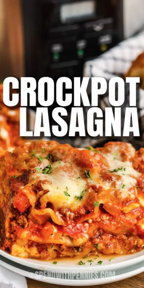 a close up of a plate of food with the words crockpot lasagna