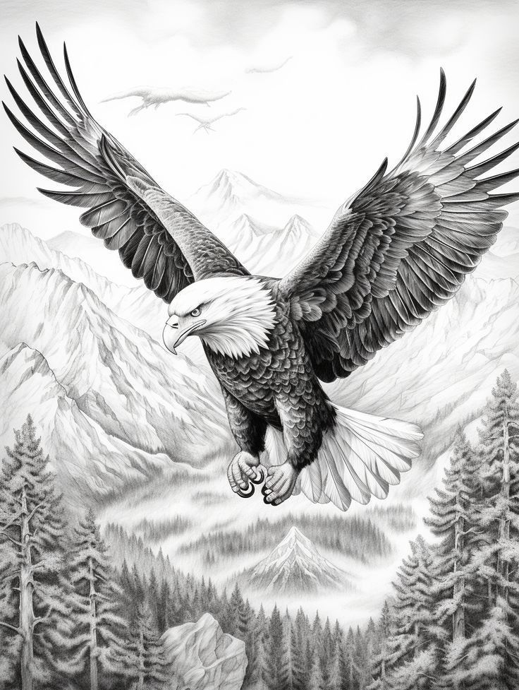 an eagle flying over a mountain range with pine trees and mountains in the back ground