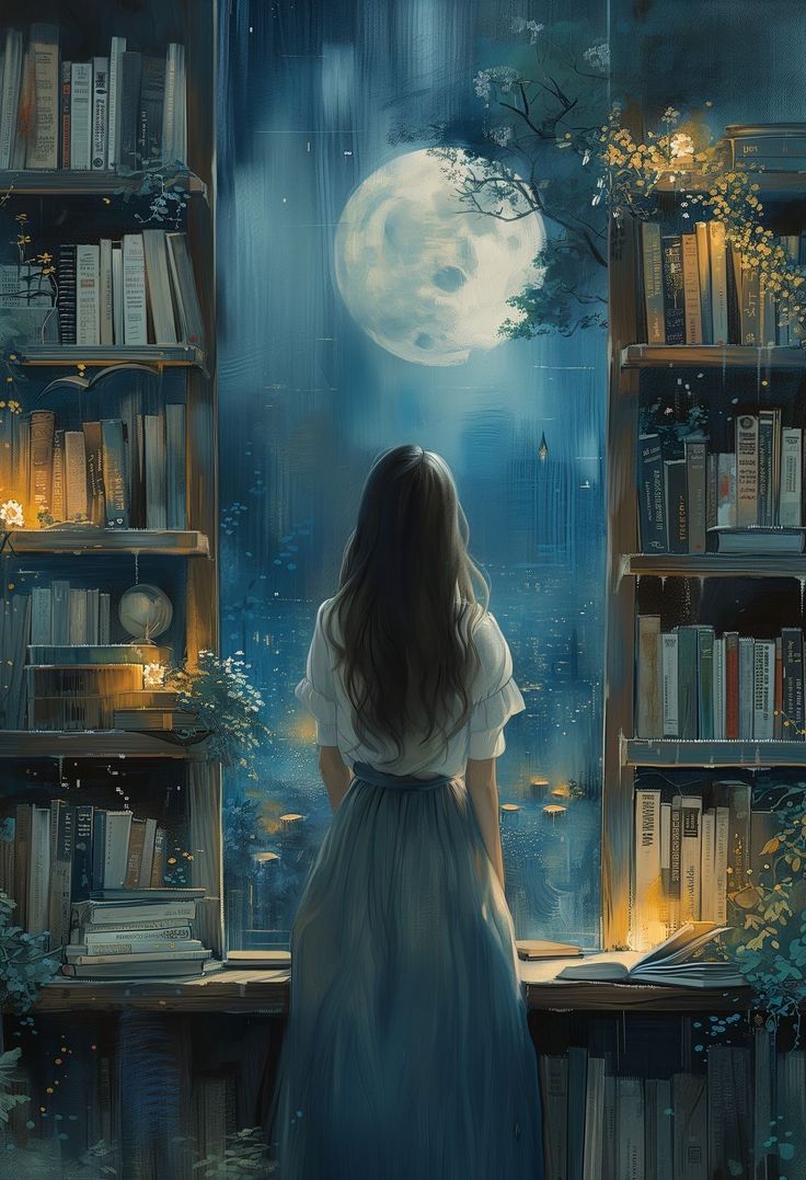 a woman standing in front of a bookshelf looking at the moon