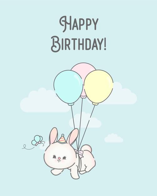 a bunny holding balloons with the words happy birthday