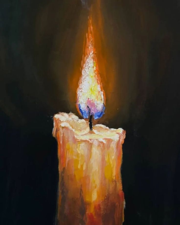 a painting of a lit candle on a black background