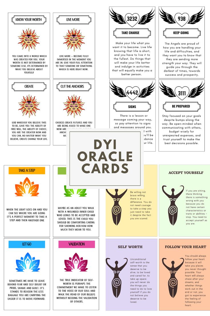 an info sheet with the words diy oracle cards in different colors and designs on it