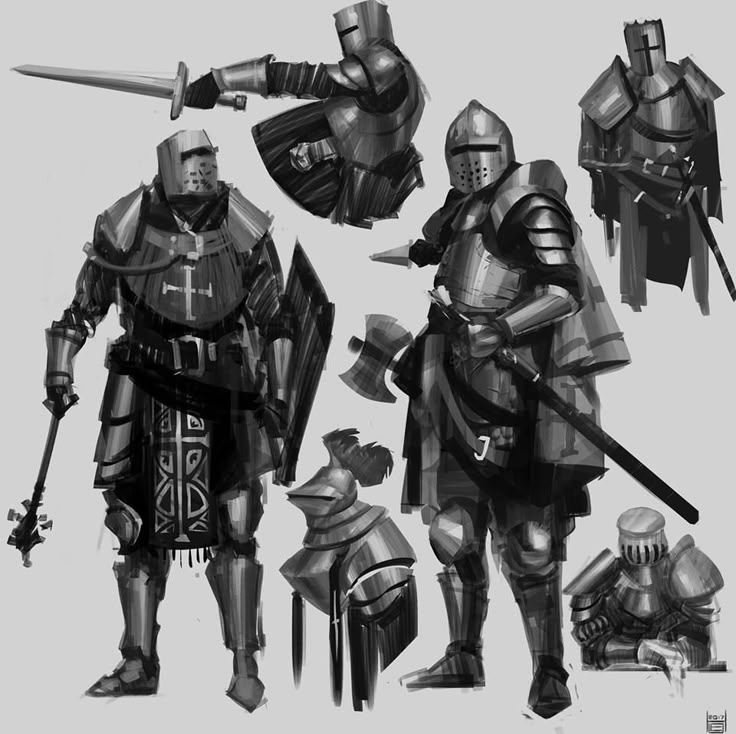 some knights in armor are standing next to each other