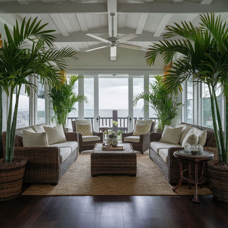 a living room filled with lots of furniture next to tall palm trees on top of a hard wood floor