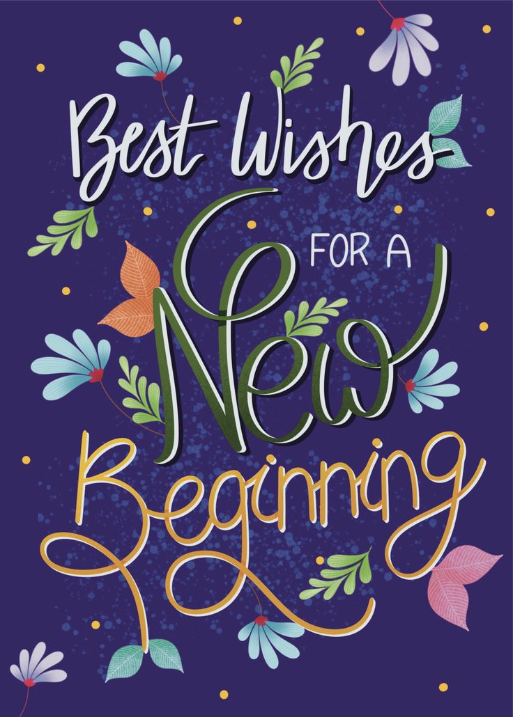 the best wishes for a new beginning card with flowers and leaves in purple, green, blue