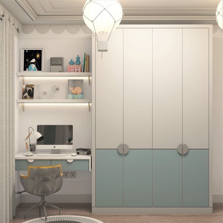 a white and blue room with a desk, chair, bookshelf and shelves