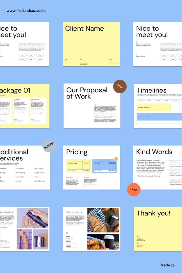 a blue and yellow brochure with many different items on it, including sticky notes