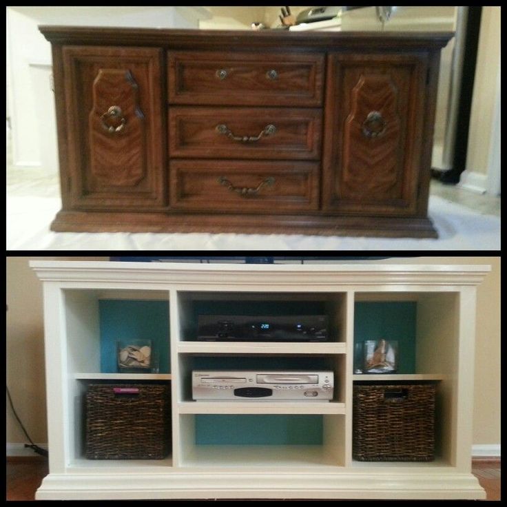 before and after pictures of an old dresser turned into a tv stand with wicker baskets