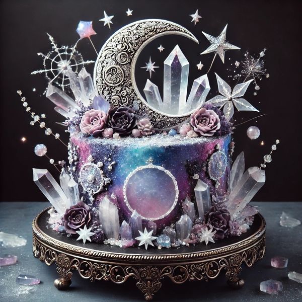 a cake decorated with crystals, stars and a crescent on a table in front of a black background