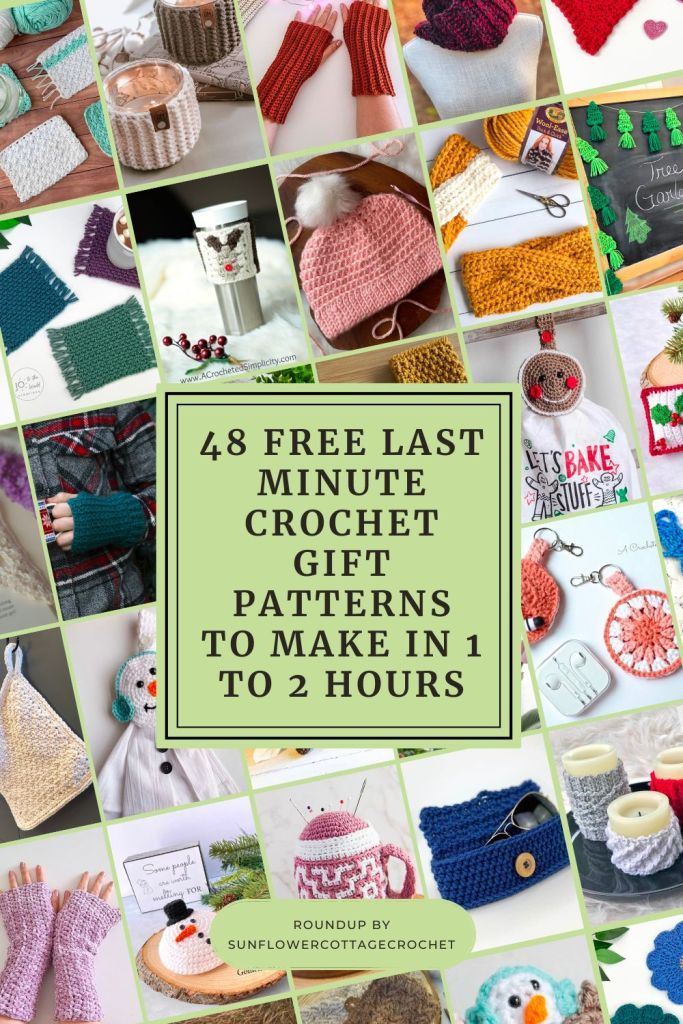 knitted hats and mittens with the words, free last minute crochet gift patterns to make in 10 hours