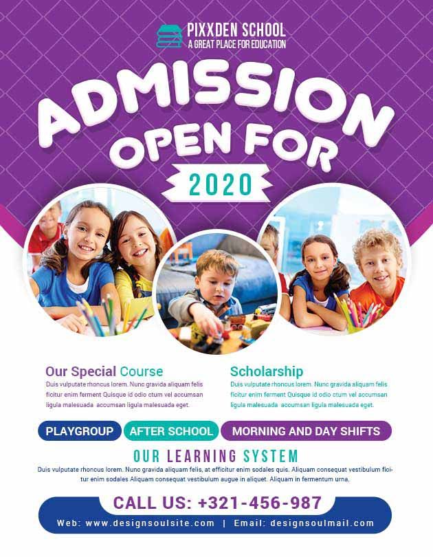 a flyer for an open day with three children in purple and green colors, the text reads