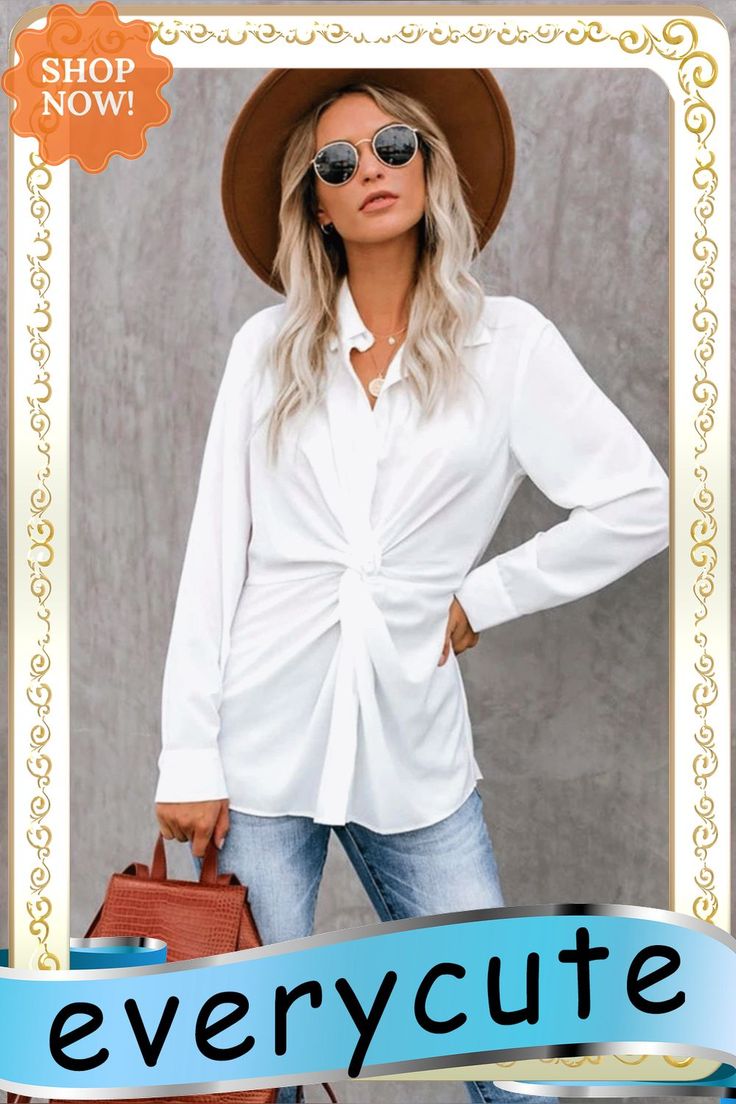 White Button Down Twist Blouse Chic Button-up Blouse For Office, Chic Button-up Fall Blouse, Chic Button-up Blouse For Fall, Chic Fall Button-up Blouse, Chic Collared Blouse With Back Button Closure, Chic Workwear Blouse With Buttons, Chic Fall Blouse With Buttons, Chic Blouse With Buttons For Workwear, Chic Collared Blouse With Button Closure