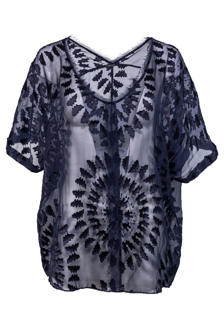 Current Boutique-Elie Tahari - Navy Sheer Dolman Sleeve Blouse Sz L Sheer Blue Summer Tops, Sheer Blue Top For Summer, Sheer Blue Tops For Summer, Lace Mesh Top For Night Out In Summer, Chic Sheer Blue Blouse, Chic Blue Sheer Blouse, Sheer Mesh Top For The Beach, Blue Sheer Top For Evening, Chic Navy Tops For Vacation