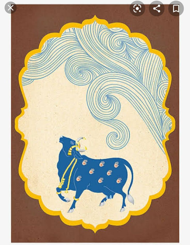 a blue cow standing in front of a brown background with swirls on it's head