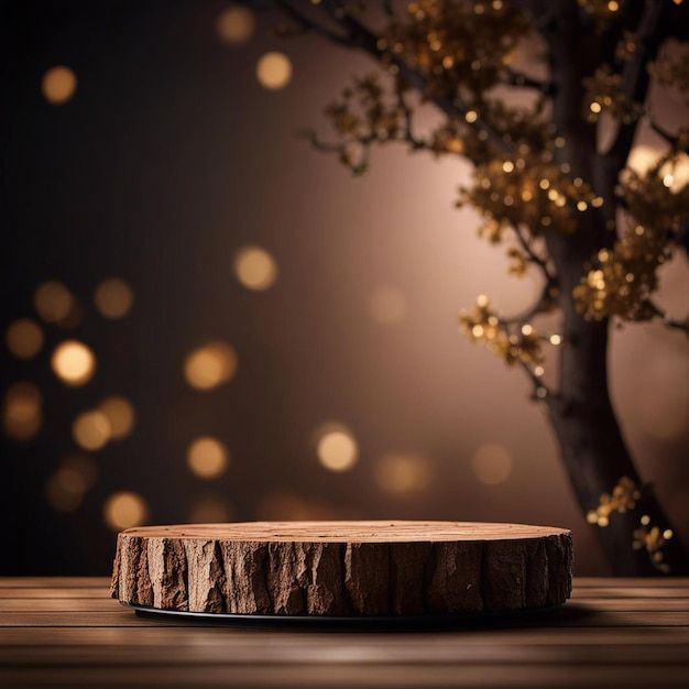 a wooden table with a tree in the background and boket lights behind it