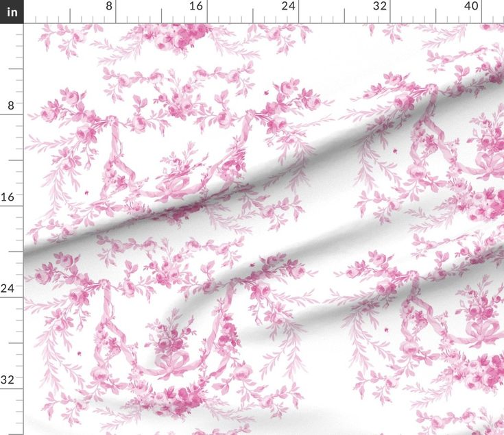 a pink and white floral print fabric with a ruler in the foreground, on a white background