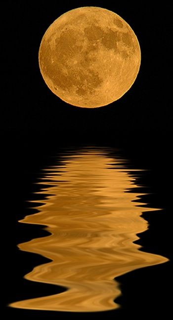 a full moon is reflected in the water and it appears to be very bright yellow