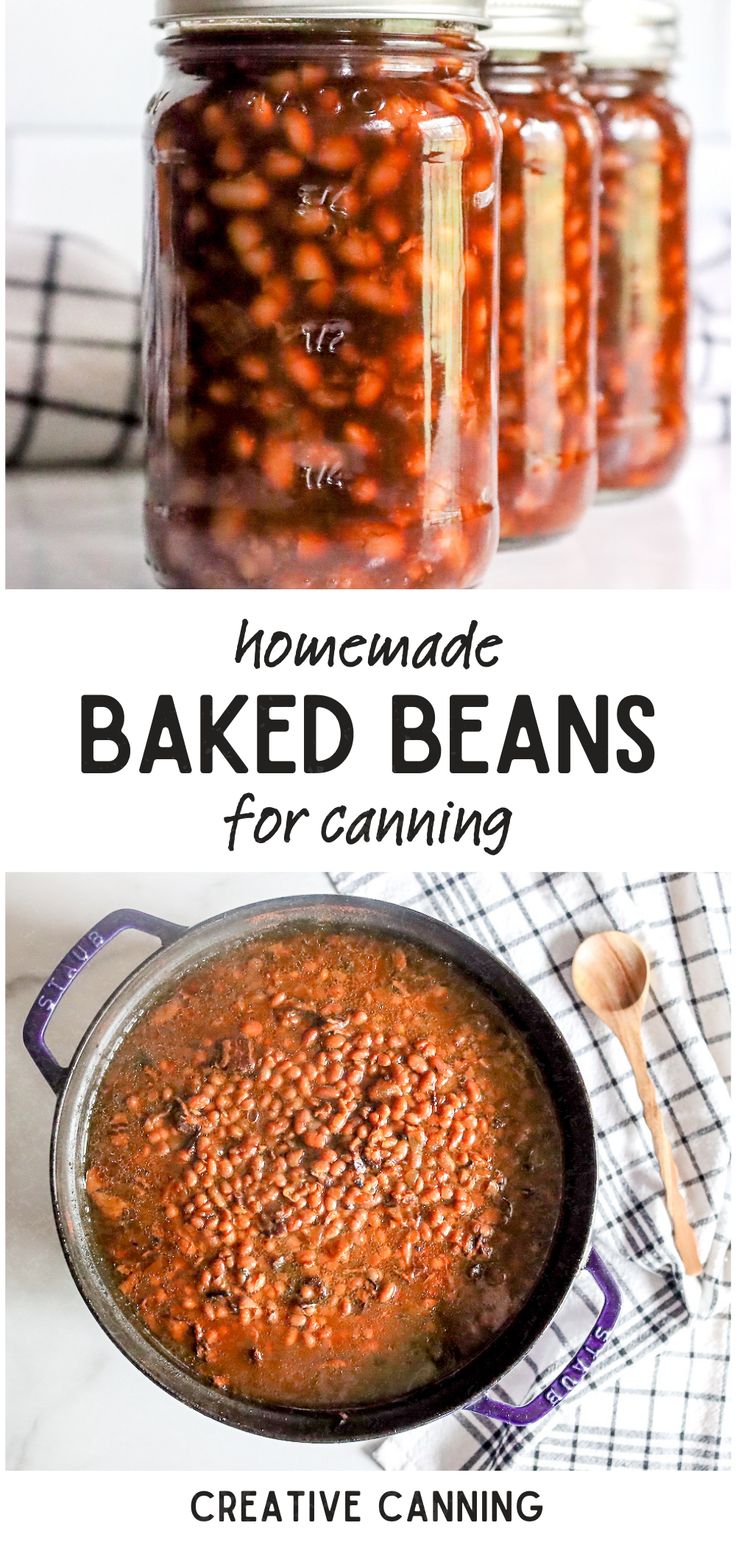 homemade baked beans for canning in glass jars with spoons on the side and text overlay that reads homemade baked beans for canning