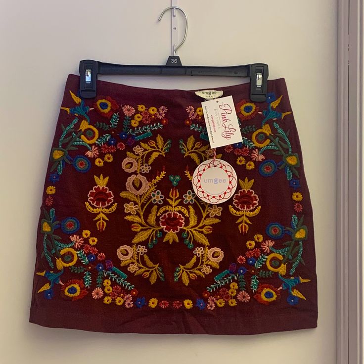 Embroidered Skirt New With Tags Size Small Embroidered Fitted Skirt For Fall, Fitted Embroidered Fall Skirt, Fitted Embroidered Skirt For Fall, Bohemian Fitted Mini Skirt With Floral Embroidery, Bohemian Embroidered Fitted Mini Skirt, Fitted Bohemian Embroidered Mini Skirt, Multicolor Embroidered Mini Skirt, Embroidered Cotton Mini Skirt, Spring Mini Skirt With Multicolor Embroidery