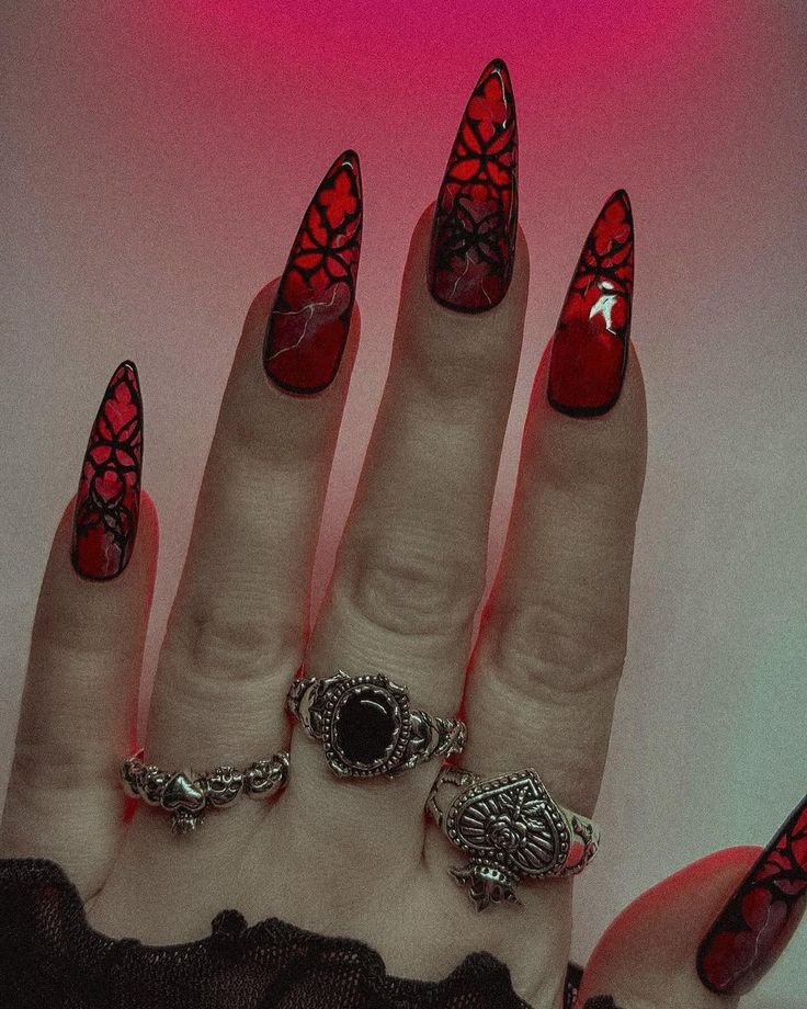 Vampy Nails, Vampire Nails, Witchy Nails, Halloween Acrylic Nails, Gothic Nails, Edgy Nails, Goth Nails, Black Nail, Dark Nails