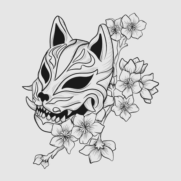 a drawing of a cat with flowers on it's head and the face of a demon