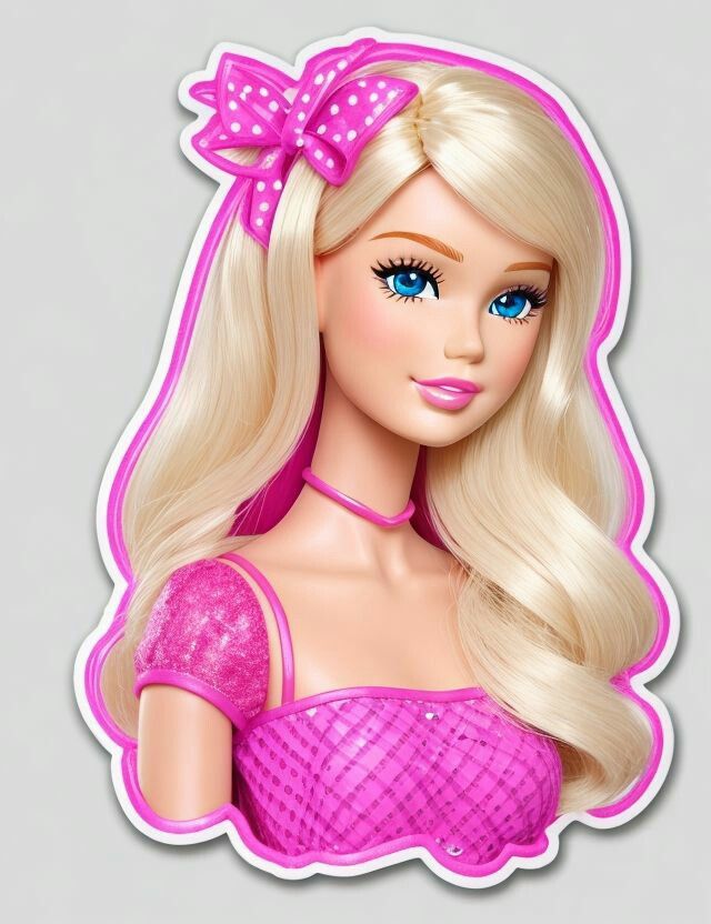 a barbie doll with long blonde hair and blue eyes wearing a pink dress in front of a gray background