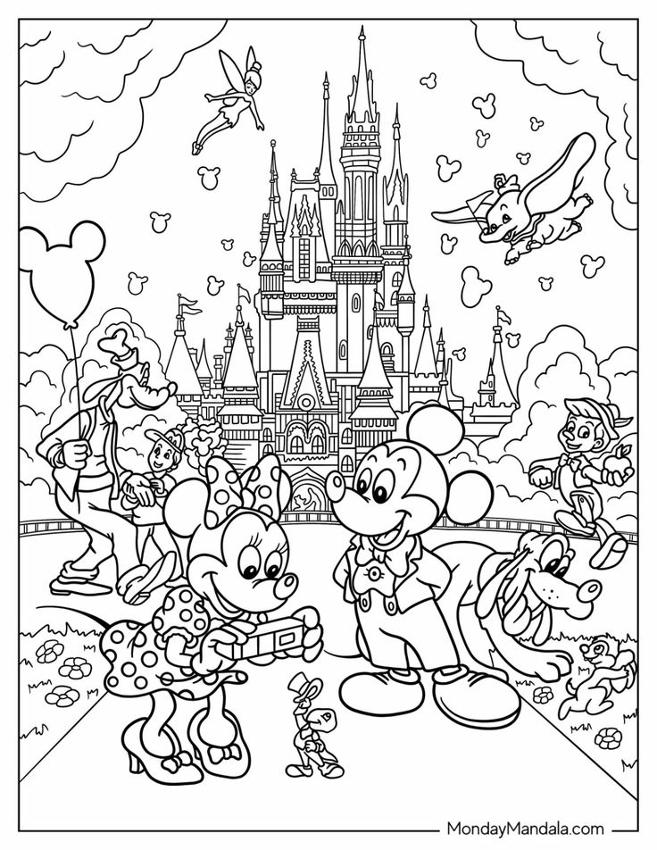 mickey mouse and friends in front of the castle at disney world coloring pages for kids