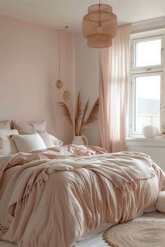 a bedroom with pink walls, white floors and a bed in the corner that has a light colored comforter on it