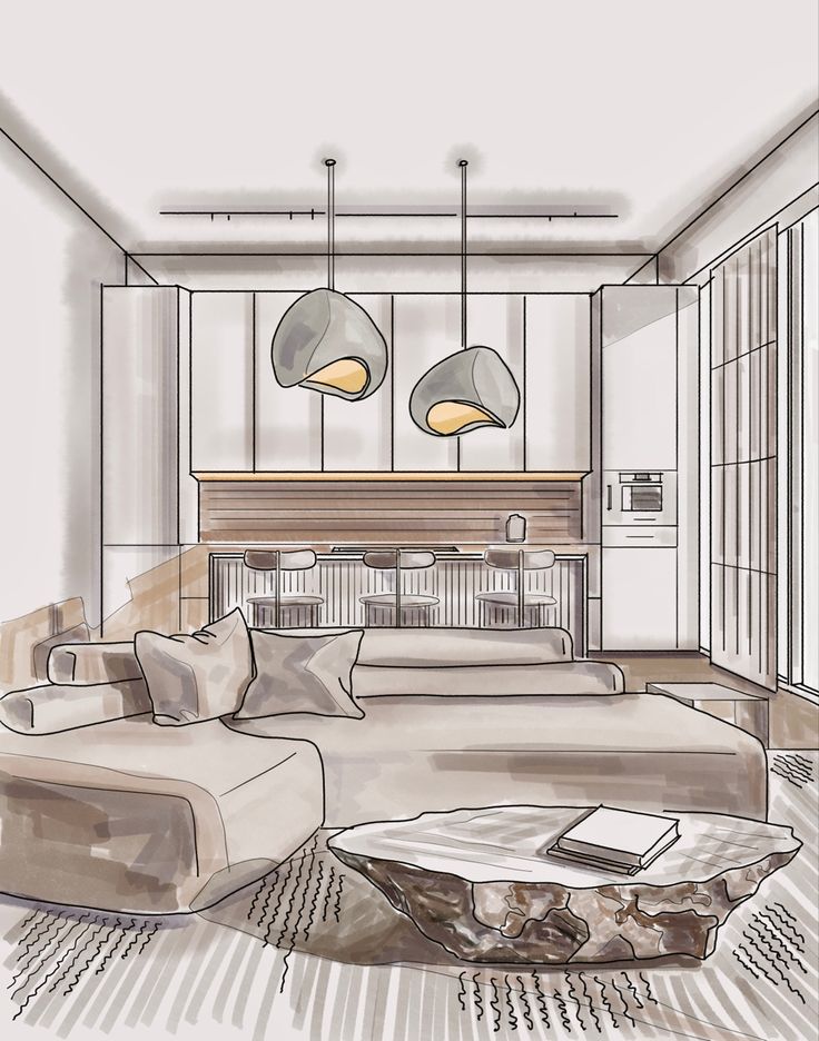 a drawing of a living room with couches and lamps