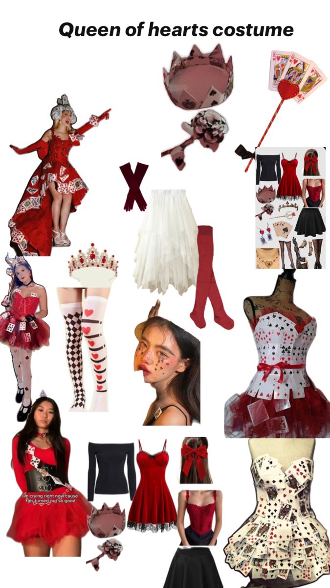 the queen of hearts costume is shown in many different colors and sizes, including red