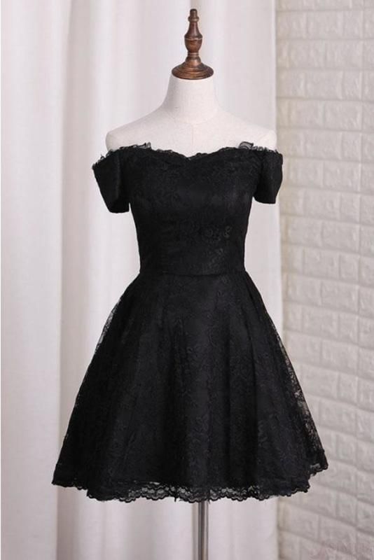 Black Off Shoulder Lace Homecoming Dress A Line Cheap Short Graduation Dresses - Prom Dresses Black Homecoming Dresses, Gaun Koktail, Short Graduation Dresses, Short Noir, Mini Prom Dresses, Cute Homecoming Dresses, Black Homecoming Dress, Prom Dresses 2018, Black Off Shoulder